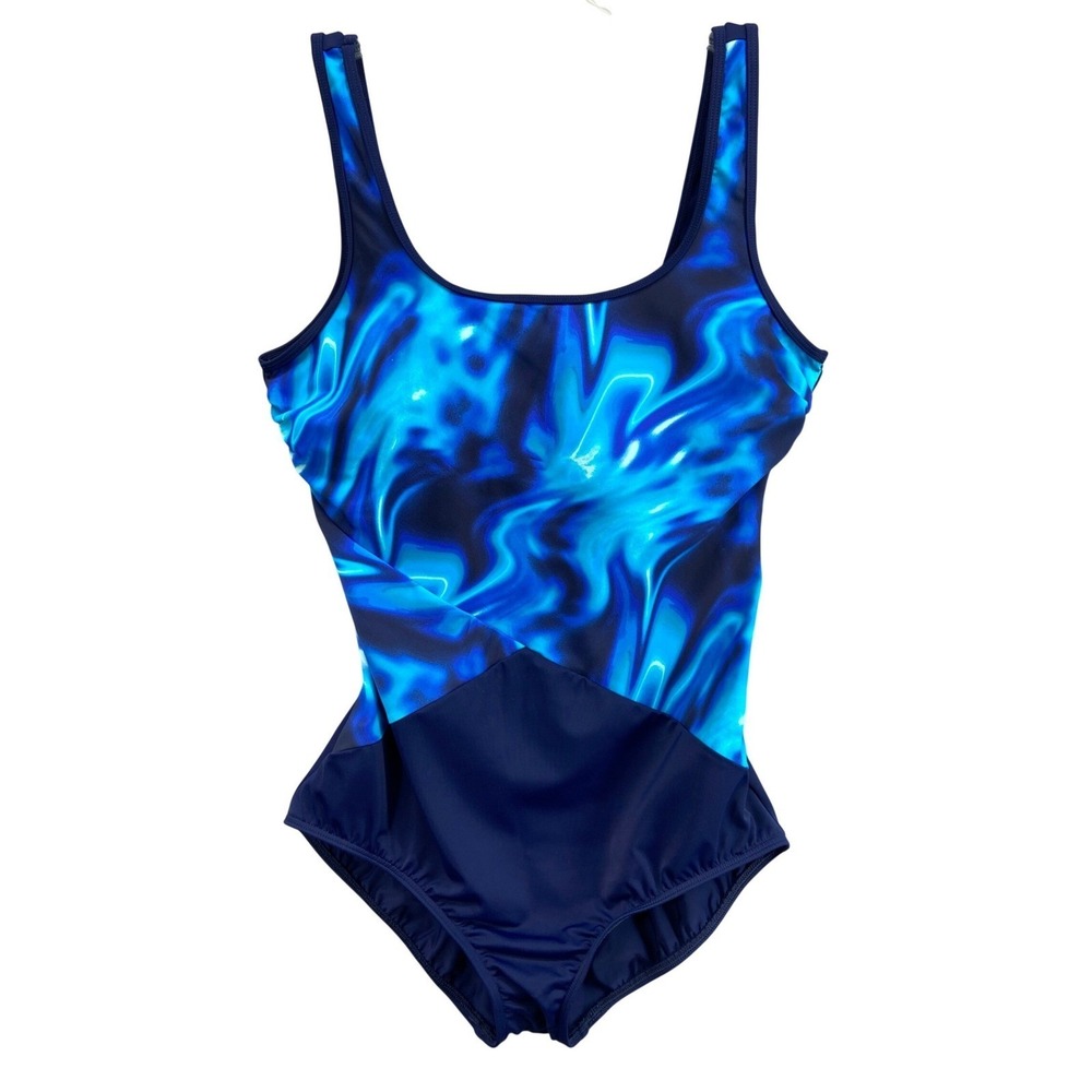 Lands End Swimsuit Womens Sz 14L Long Blue Marble Swirl One Piece Scoop Neck‎